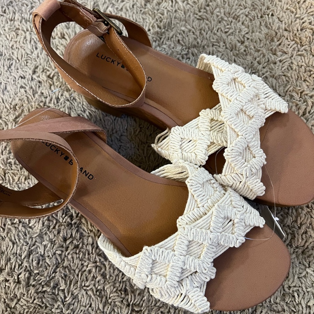 Lucky Brand Famika Ankle Strap Crochet Chunky Heel Sandals NWOB